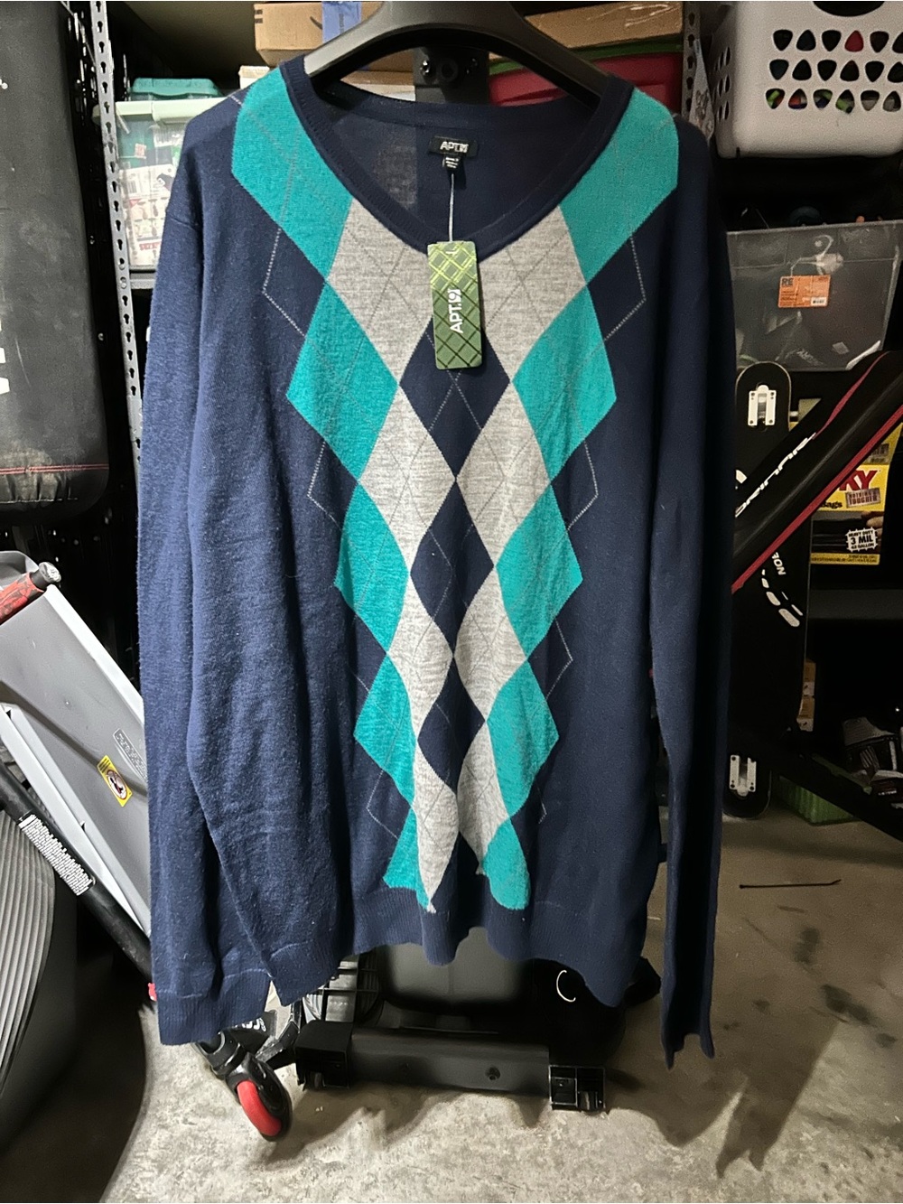 APT. 9 Men’s 4XLT Argyle V-Neck Sweater Navy Teal Gray Merino Wool Blend NWT